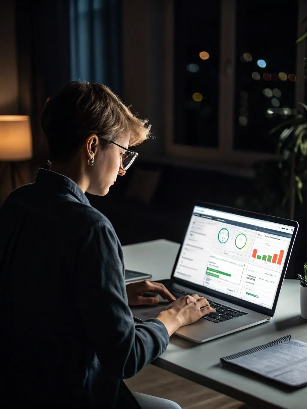 A data analyst reviewing marketing analytics dashboards on a large monitor, highlighting key performance indicators and insights for Jynglee's digital marketing strategies.