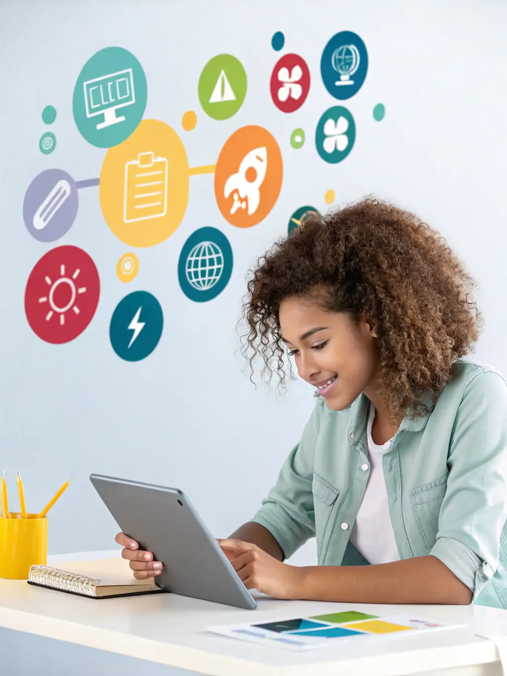 A vibrant social media manager creating engaging content on a tablet, with various social media platform logos floating around, representing Jynglee's social media marketing prowess.