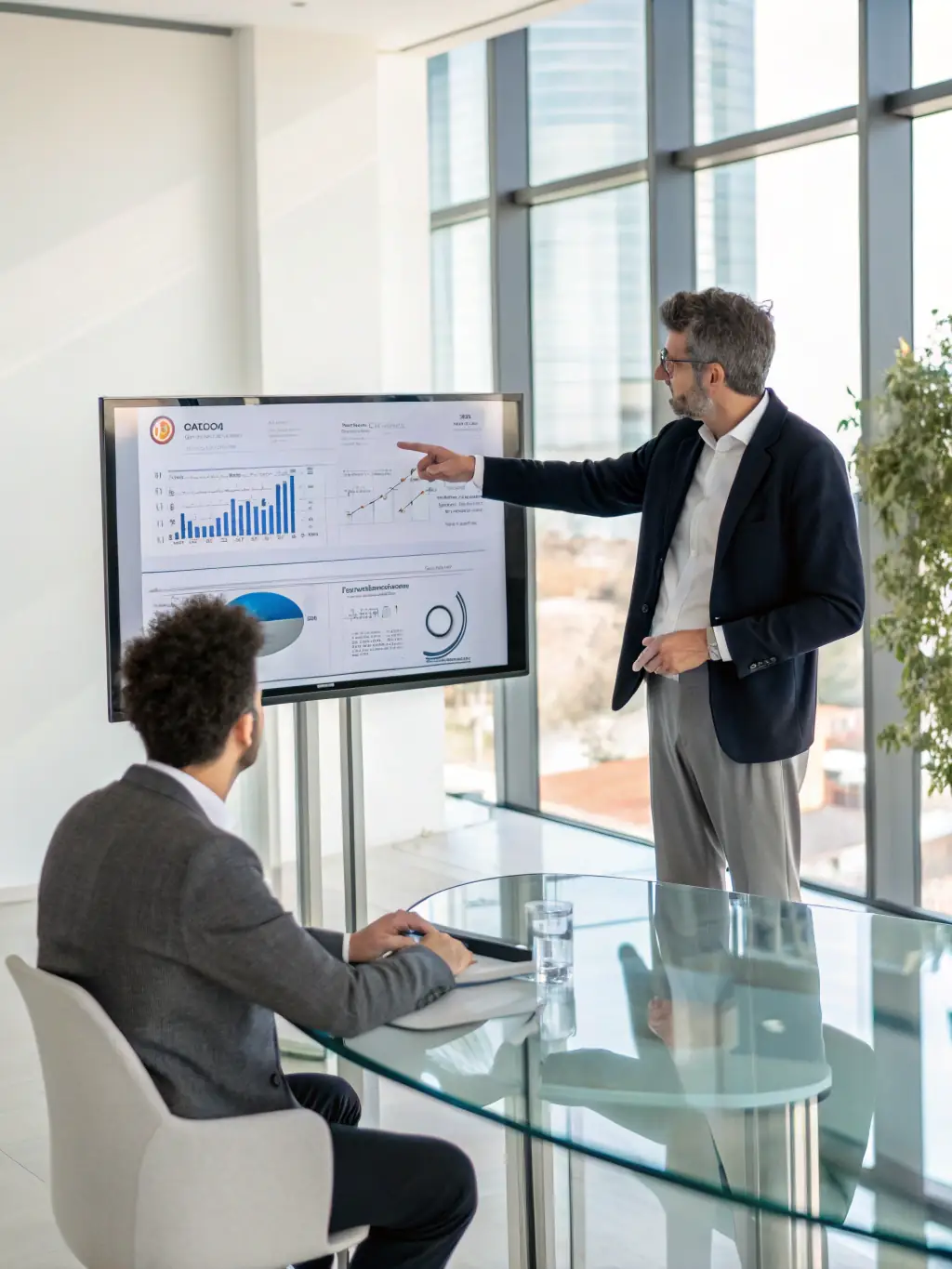 A senior consultant presenting a detailed market analysis report to a client in a modern office setting. The report highlights key opportunities and strategic recommendations.
