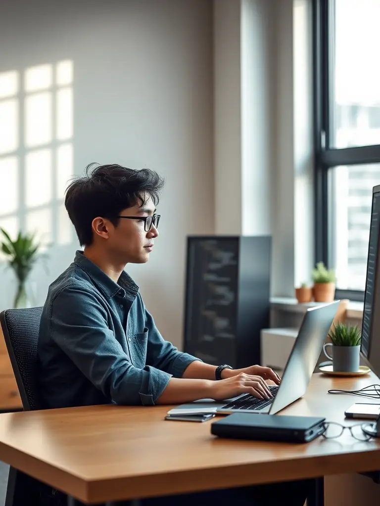 A focused SEO specialist optimizing website content on a laptop, surrounded by keyword research tools and analytics dashboards, ensuring top search engine rankings for Jynglee's clients.