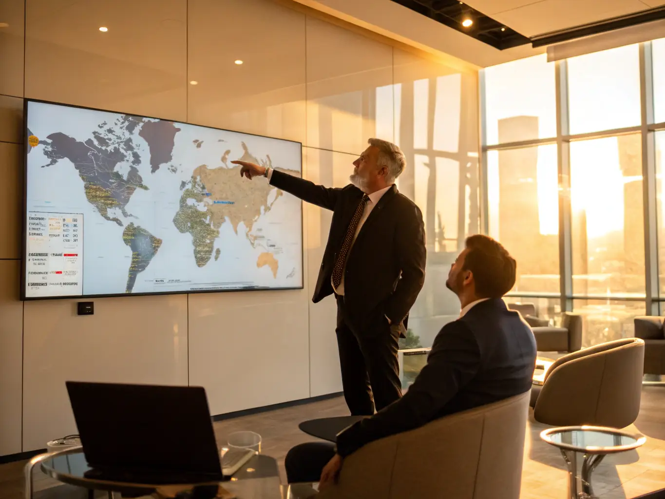 A consultant guiding a client through an expansion strategy presentation, showcasing potential new markets and growth opportunities.