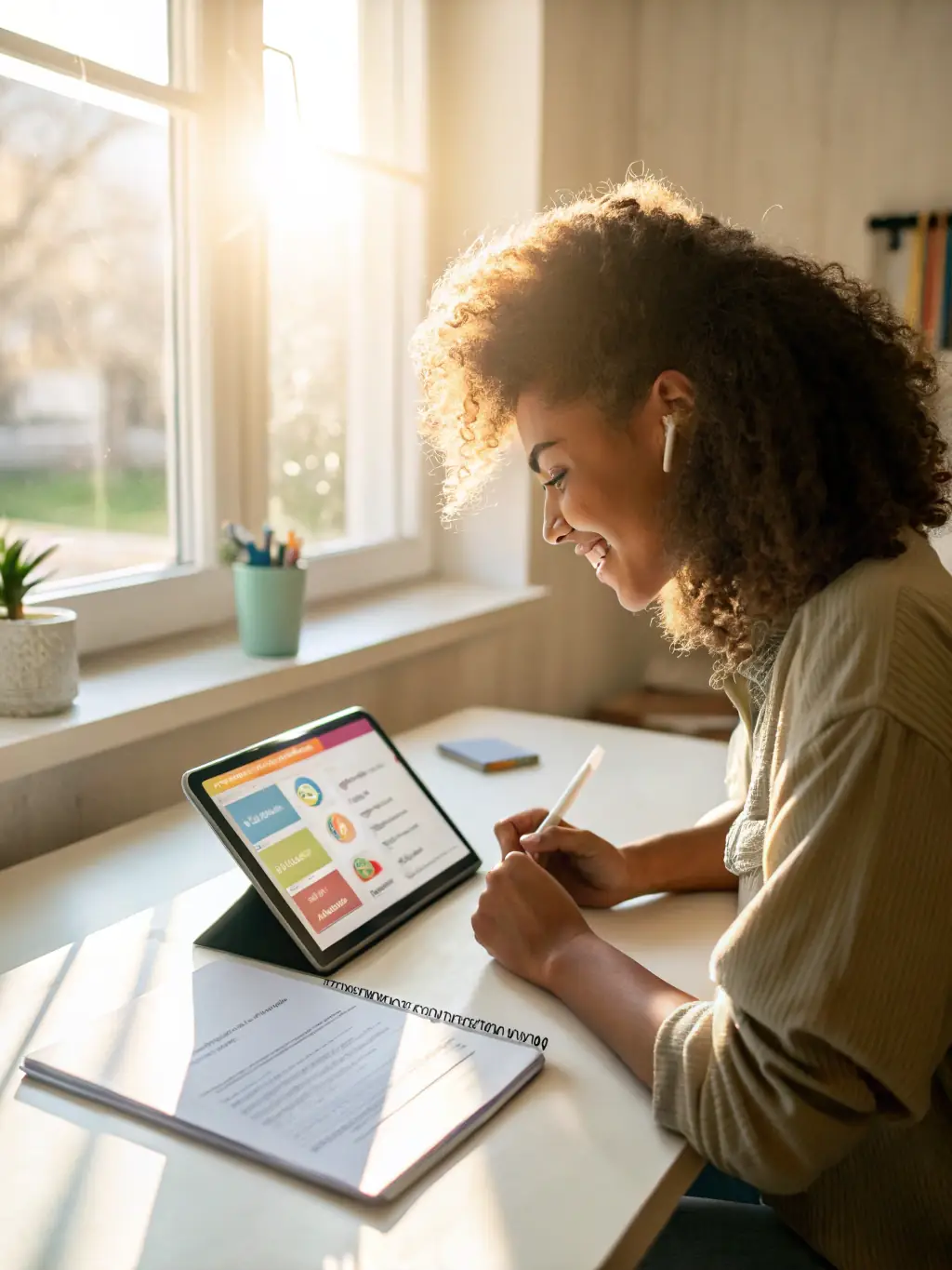 A vibrant image of a social media manager creating engaging content for various platforms on a tablet, illustrating dynamic social media management.