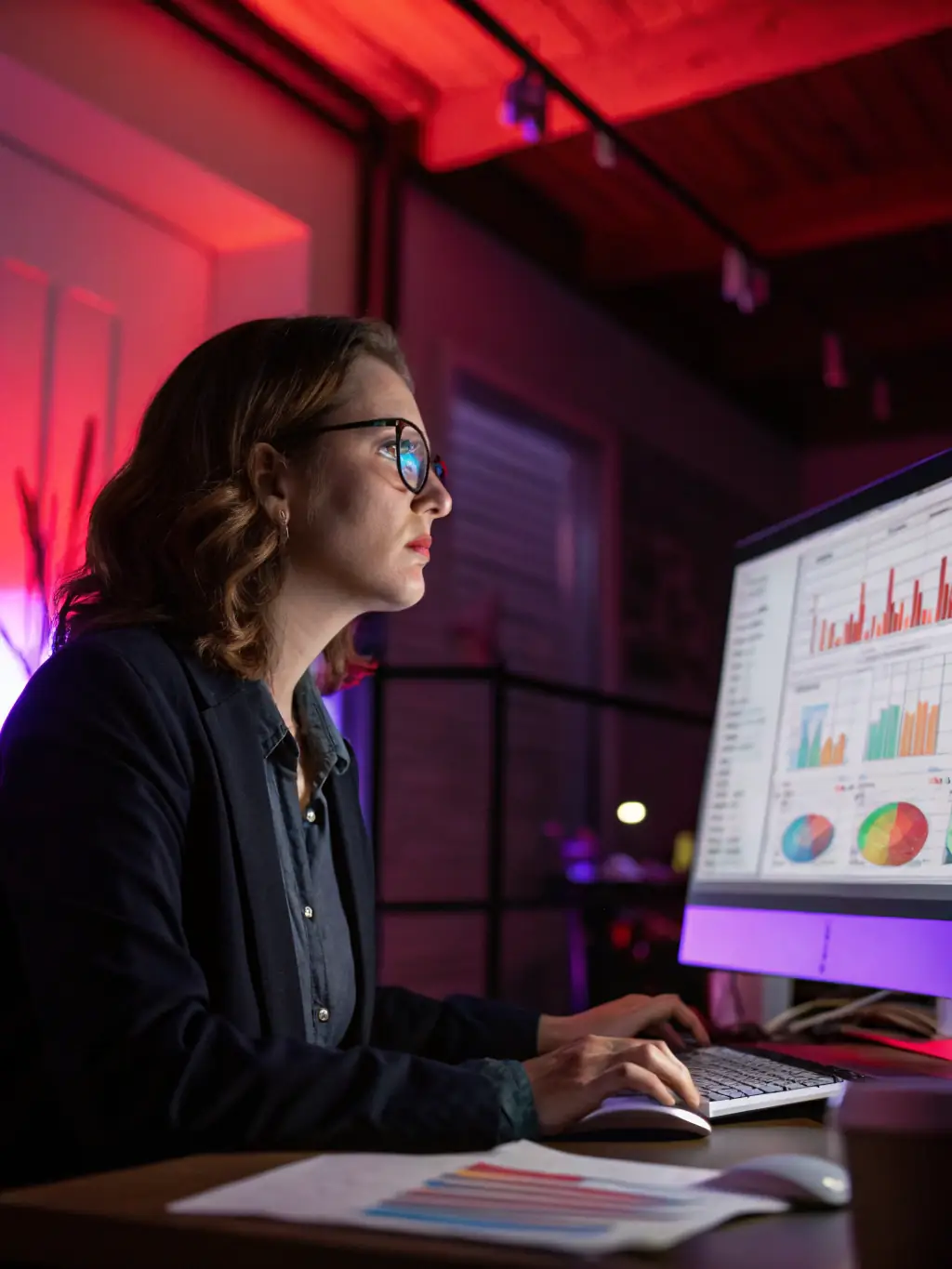 A professional photograph of a search engine optimization specialist analyzing website analytics on a computer screen, showcasing data-driven insights.
