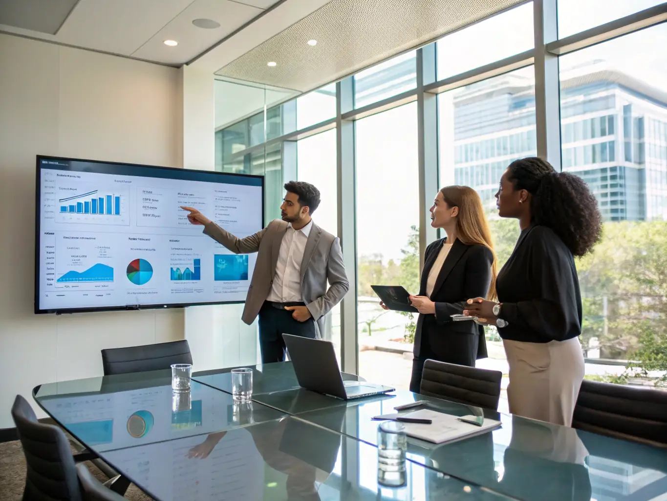 A team of consultants collaborating on a strategic plan in a bright, modern office, using digital tools and whiteboards.