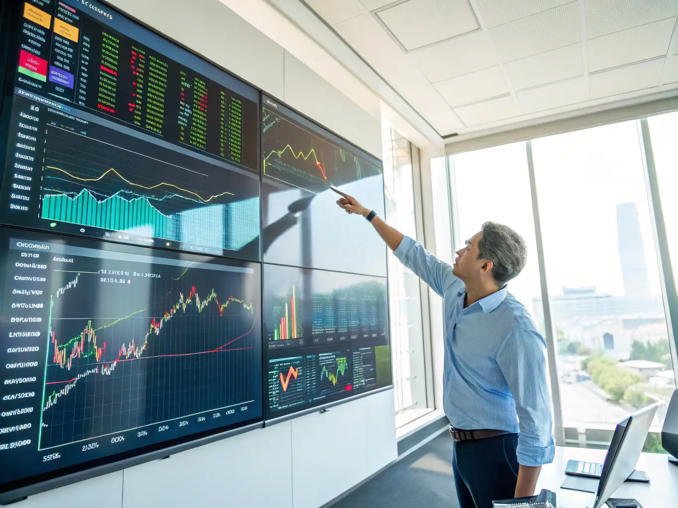 A consultant presenting a market analysis report to a client in a modern office, highlighting key trends and opportunities.