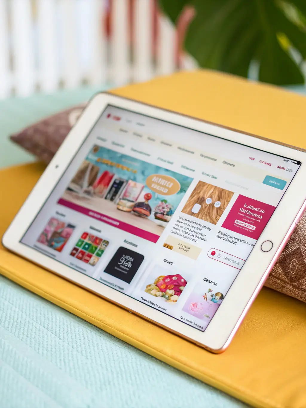 An e-commerce platform displayed on a tablet, showing various product listings and a secure checkout process, highlighting Jynglee Internet Services' e-commerce solutions.