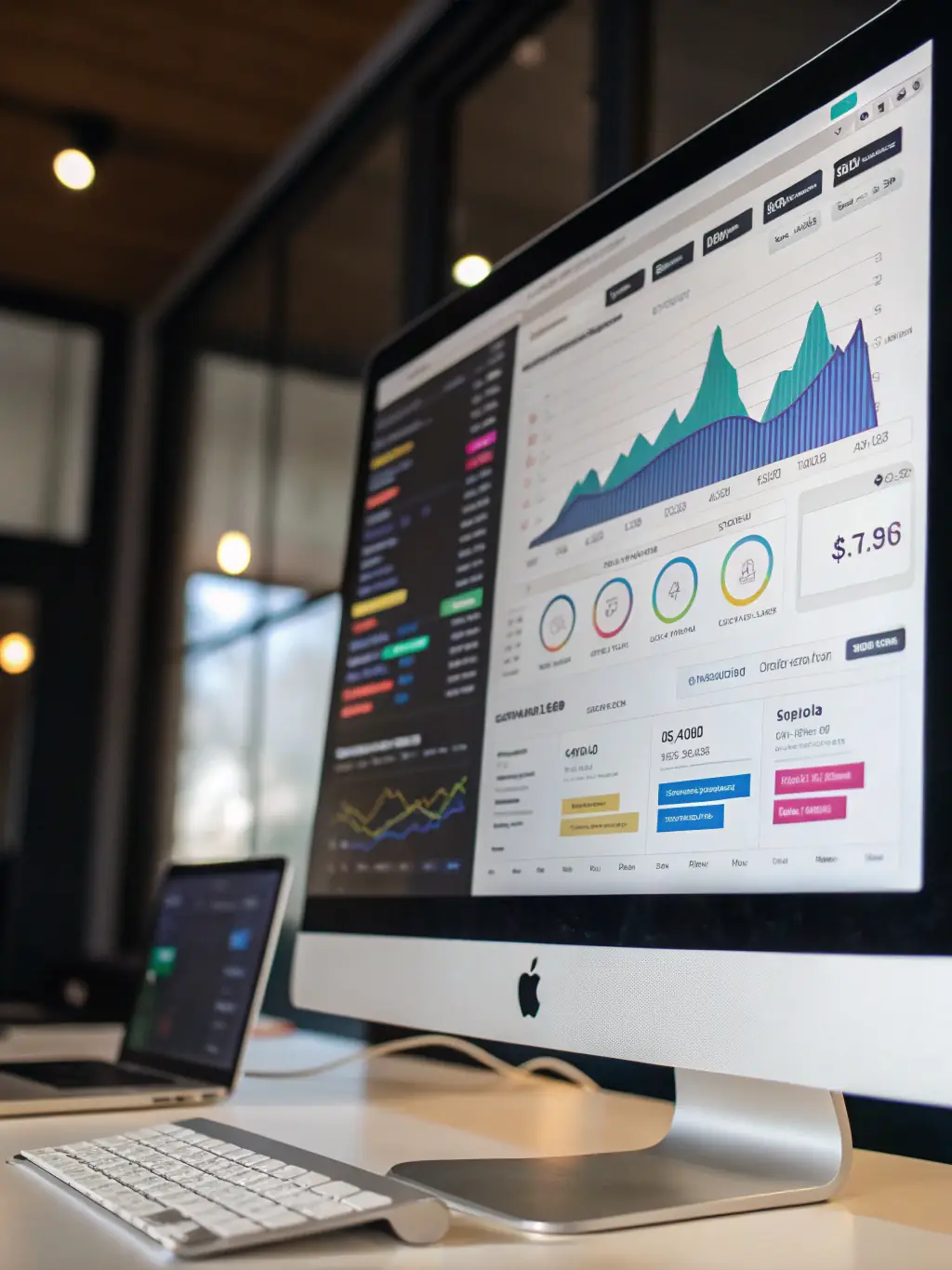 A visually appealing dashboard displaying key performance indicators (KPIs) and growth metrics for a client's digital marketing campaign. The data shows significant improvements and positive trends.